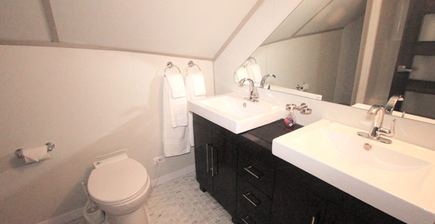 bathroom showing toilet, shower, sink and mirror